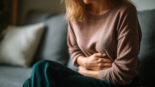腹痛を感じて体を押さえる女性の上半身。健康や医療関連のイメージ素材