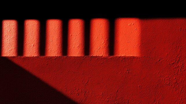赤い壁に差し込む光と影の模様。抽象的なデザインや背景素材に適した構図
