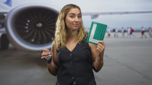 Woman holding car key and green learner l plate at airport on tarmac near jet engine; confidence new driver independence.