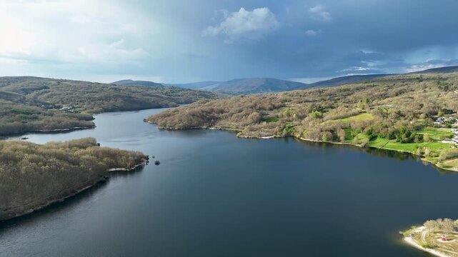 Aerial view flying over prada reservoir in a veiga