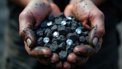 Naklejka premium Dirty hands hold rough coal pieces with small clear diamonds. Symbolizes raw resources hard labor, and the value extracted from earth. Highlights mineral mining struggle.