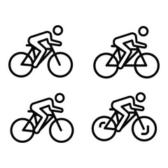 Fototapeta premium Cycling icons set, four bicycle riders in motion, black line art on white background, minimalist design isolated on white background