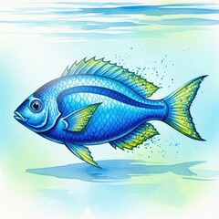 Fototapeta premium Artistic watercolor illustration of a vibrant blue fish swimming through clear water with delicate paint splatters and soft textured washes, animal, elegant, modern