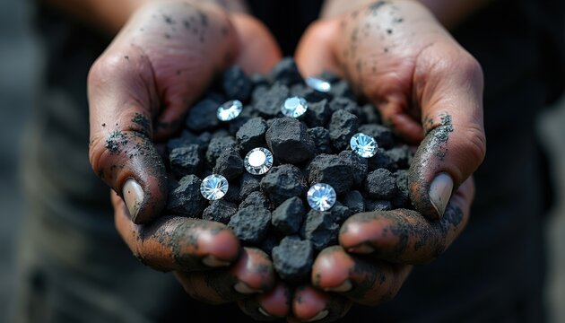 Dirty hands hold rough coal pieces with small clear diamonds. Symbolizes raw resources hard labor, and the value extracted from earth. Highlights mineral mining struggle.