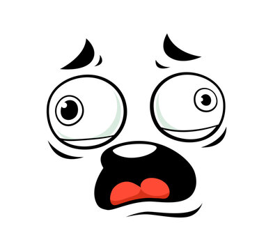 Cartoon terrified face expression with huge bulging eyes, raised brows and wide open mouth with red tongue. Cartoon funny emotion face for messaging apps, chat communication and digital content