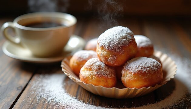 Hot coffee cup next to powdered beignets on rustic wood table. Sweet fried dough balls dusted with sugar. Warm morning beverage with delicious pastry treat.