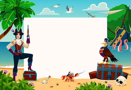 Cartoon woman pirate character with treasure chest and paper banner on tropical island. Sea queen female personage stands on sunny beach beside loot trunk, shipwreck, tentacles and blank photo frame