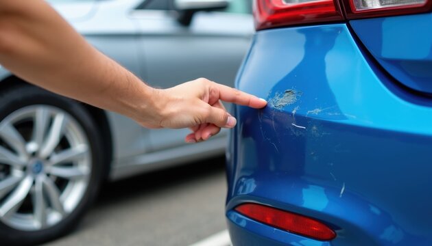 Man points to scratch on blue car bumper in parking lot. Vehicle damage needs repair after accident. Driver assesses minor scratch and dent on auto.