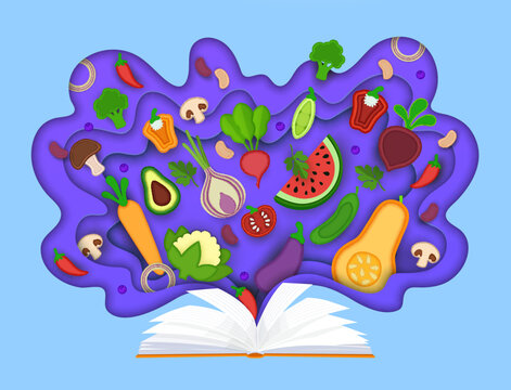 3D paper cut vitamins bottle with fruits, vegetables and micronutrients, vector banner. Healthy nutrition and food supplements or multivitamin complex of paper cut vitamins in vegetables and fruits
