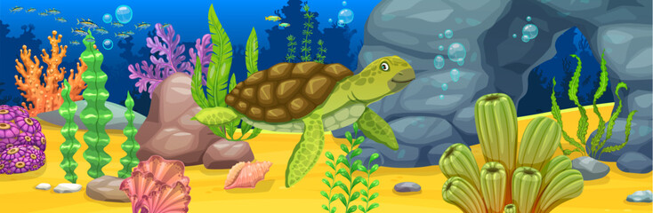 Underwater landscape game background with sea turtle character. Sea environment, ocean underwater vector landscape. Marine bottom background with turtle animal cartoon character, corals and seaweeds © Vector Tradition
