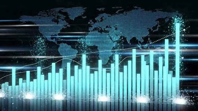 Global financial analytics animation with bar chart and world map, market growth analysis and investment performance concept, digital economy trends and business data visualization