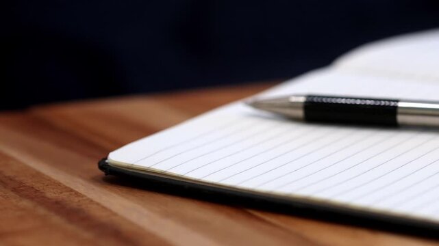 Slow Tracking Close-Up of Pen on Open Notebook with Shallow Depth of Field