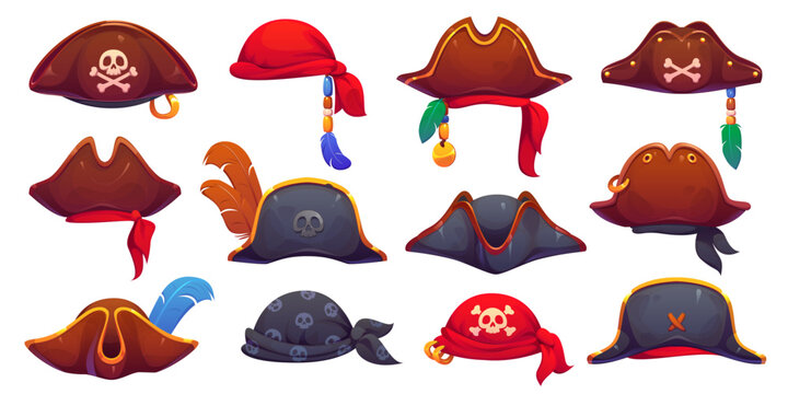 Cartoon pirate tricorn hats, corsair captain headwear, headband and bandana, vector piracy costume. Caribbean Sea pirate captain tricorn hats with feathers, skulls and bones, sailor scarf and bandana