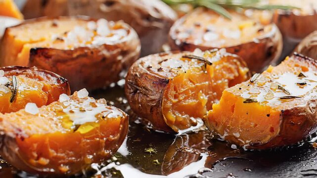 Delicious Roasted Sweet Potato Halves with Herbs and Sea Salt.
