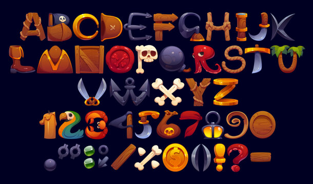Cartoon Caribbean pirates font, corsair typeface letters. Vector English alphabet and number set with ropes, cannons, swords, and gold coins. Nautical abc for kid games, treasure maps or adventures