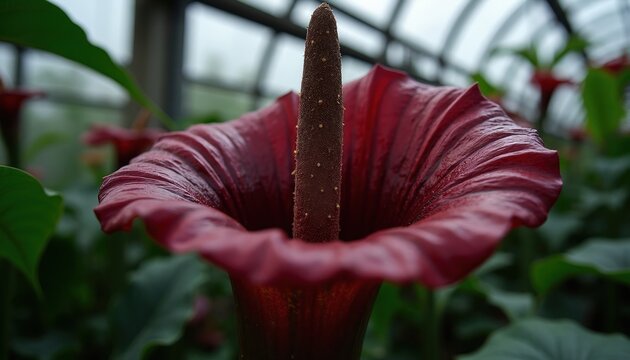 Dark red titan arum flower opens its spathe in greenhouse. Exotic jungle plant bloom shows deep maroon color. Unusual rare flora grows indoors.