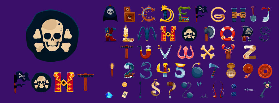 Pirate font, corsair letters typeface, nautical type. Cartoon english marine alphabet with vector letters made of pirate ship, hooks, skulls and crab, sabers and barrel, ropes, treasure maps, anchors