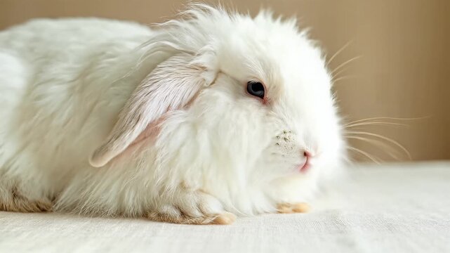 Closeup of a fluffy white rabbit resting peacefully.