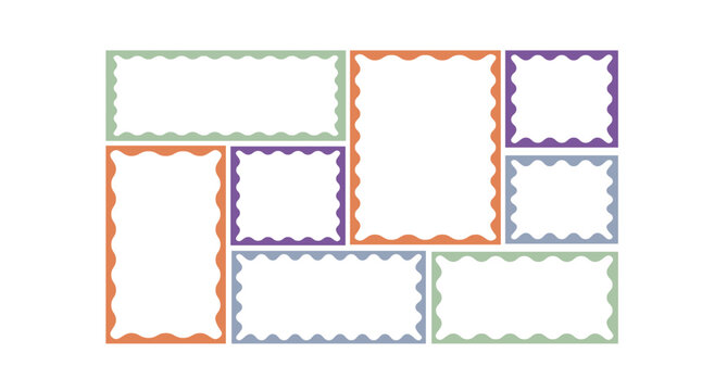 Retro Squiggle Frame Collection Color Zigzag Wavy Borders Psychedelic Rectangles Vector Design.
