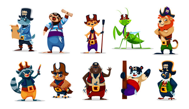 Cartoon animal pirate crew characters of wolf with treasure map, sloth with scroll, meerkat and mantis in pirate hats. Vector lion and raccoon with pistols, owl captain, beaver, panda animal corsairs