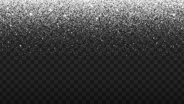 Falling silver glitter particles vector background. Shiny star festive luminous and dust spray effect with silver confetti and glowing sparkles. Greeting card, event invitation, holiday decoration