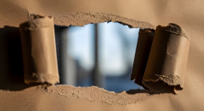 Torn cardboard box with a view