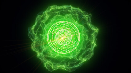 Glowing green energy sphere with swirling orbit lines and luminous plasma halo on dark background, futuristic sci-fi power visualization © Bolbik
