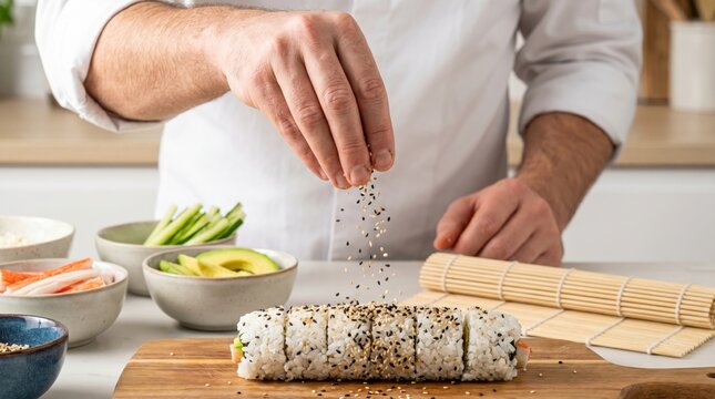 Chef hands sprinkling sesame seeds over fresh sushi roll in kitchen