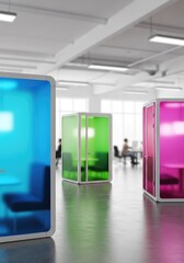 Obraz premium Privacy booths standing in a brightly lit indoor space with extensive copyspace and a soft bokeh background creating a sense of activity, community, temporary, room