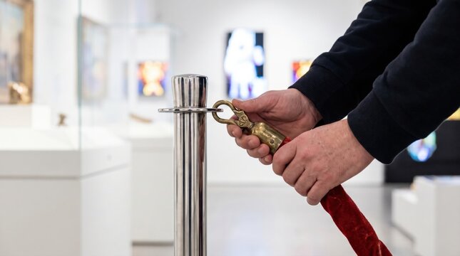 Hands unhooking red velvet rope from metal stanchion in museum gallery
