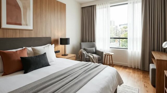 Hotel room with a black lamp and warm wood decor, hospitality interior for travel, accommodation and premium stay themes, bed area, furniture and styling creating a calm inviting atmosphere, clear