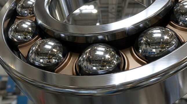 Detailed view of a polished chrome ball bearing race with multiple steel balls