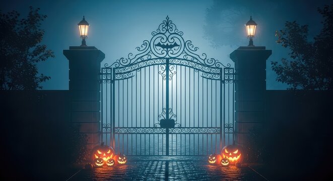 Una spaventosa cancellata in ferro battuto di una antica tenuta avvolta dalla nebbia notturna con zucche di Halloween illuminate alla base, simbolo, Halloween, architettura