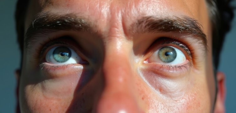 Close up of man eyes. Looking up and focusing intensely. Intense gaze, sharp vision, visual focus, active eye muscles. Healthy sight. Sharp concentration. Focused look. Training vision.