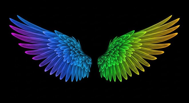 Vibrant ethereal wings shimmer with a rainbow of neon colors against a solid black backdrop, showcasing intricate feather details and light, creativity, plumage, iridescent