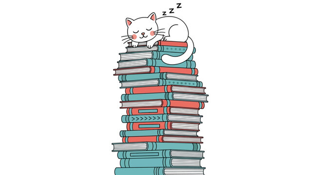 Sleeping cat on books, bookworm cat, feline reading, stack of books, vector illustration