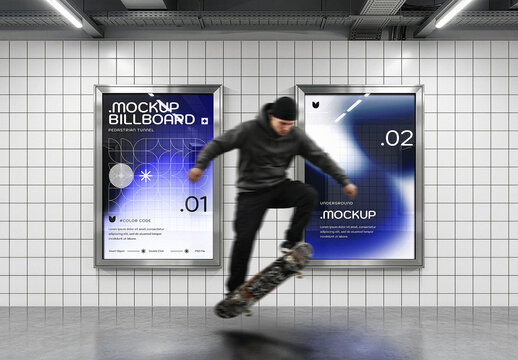 Subway Tunnel Poster Lightbox Mockup. Optional Pedestrian Crossing By