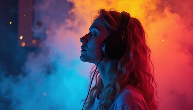 Woman listens music with headphones in neon light smoke. Female enjoys sound waves in colorful atmosphere. She closes eyes feeling rhythm and melody. Relaxed person immersed in audio.