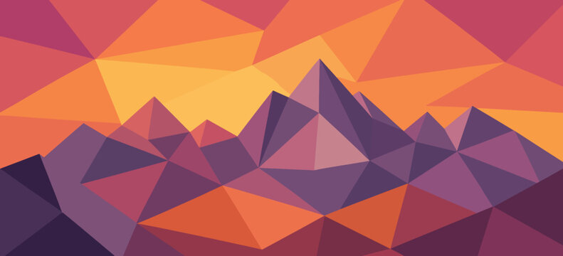 Vibrant polygonal mountain landscape illustration with faceted purple peaks and glowing orange sunset sky, modern geometric abstract background for posters web headers music visuals and presentations