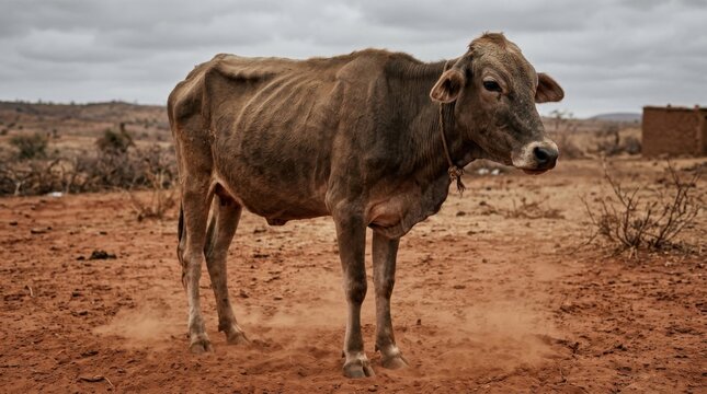 Emaciated cow standing in arid landscape, suffering from drought conditions.