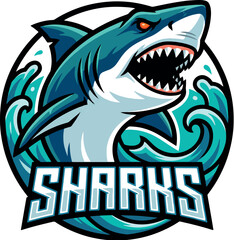 Naklejka premium Blue shark mascot logo with wave background