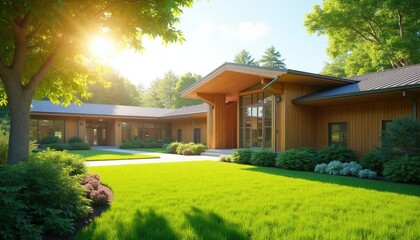 Naklejka premium Modern senior care facility with lush green garden and sunny entrance. Welcoming architecture offers peaceful living and wellness for elderly residents. Beautiful nature surrounds building.