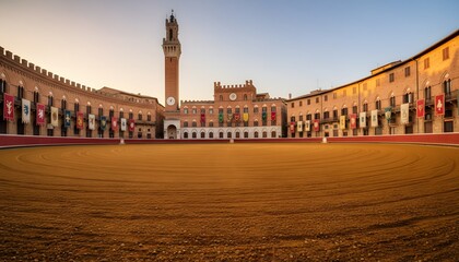 Naklejka premium Wide view of the iconic Piazza del Campo in Siena prepared for the Il Palio horse race representing a historic center and cultural heritage concept in Tuscany, Italy