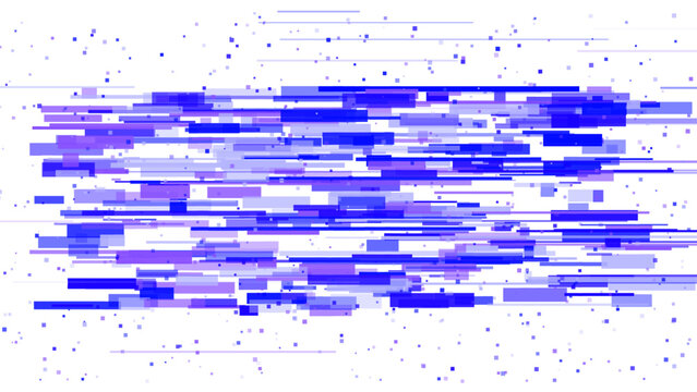 Abstract blue glitch technology background with horizontal pixel streaks, futuristic digital data motion, cyber communication vector illustration