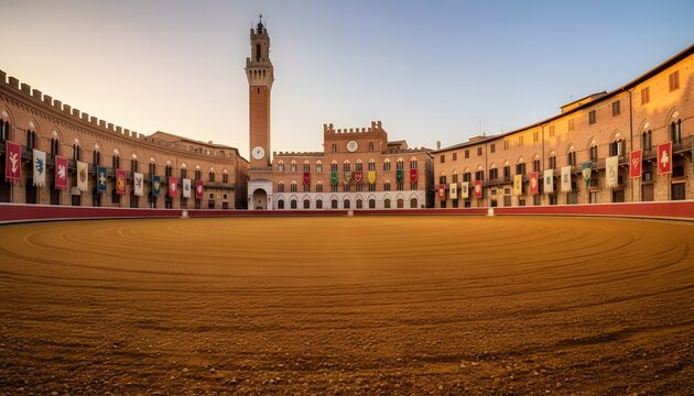 Wide view of the iconic Piazza del Campo in Siena prepared for the Il Palio horse race representing a historic center and cultural heritage concept in Tuscany, Italy
