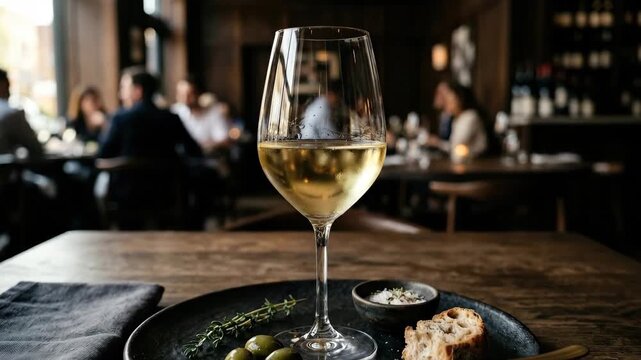 Dry white wine in a glass on a textured black plate, beverage still life for dining, restaurant and luxury lifestyle themes, serving presentation with crisp reflections and table styling, studio