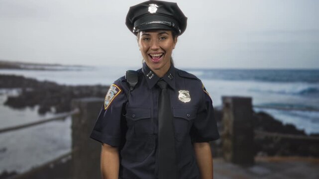 Woman police officer smiling with visible badge and shoulder radio in navy uniform on pier, hands at sides; confidence duty.