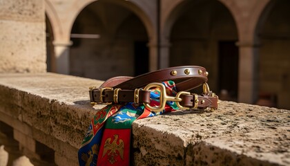Naklejka premium Leather bridle and vibrant contrada scarf on a stone ledge in siena for the il palio horse race tradition, reflecting italian heritage and competitive sports concept