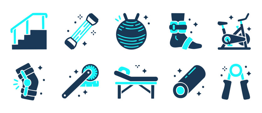 Physical Therapy Icon Set, Rehabilitation Exercise Equipment and Medical Recovery Tools, Vector Illustration for Physiotherapy Clinics, Orthopedic Support Devices, Sport Injury Treatment and Body Fitn