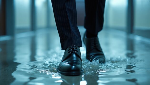 Man in suit walks through flooded indoor space. Water covers floor creating damage. Dark hallway suggests business disruption emergency situation. Wet shoes indicate immediate impact of water ingress.